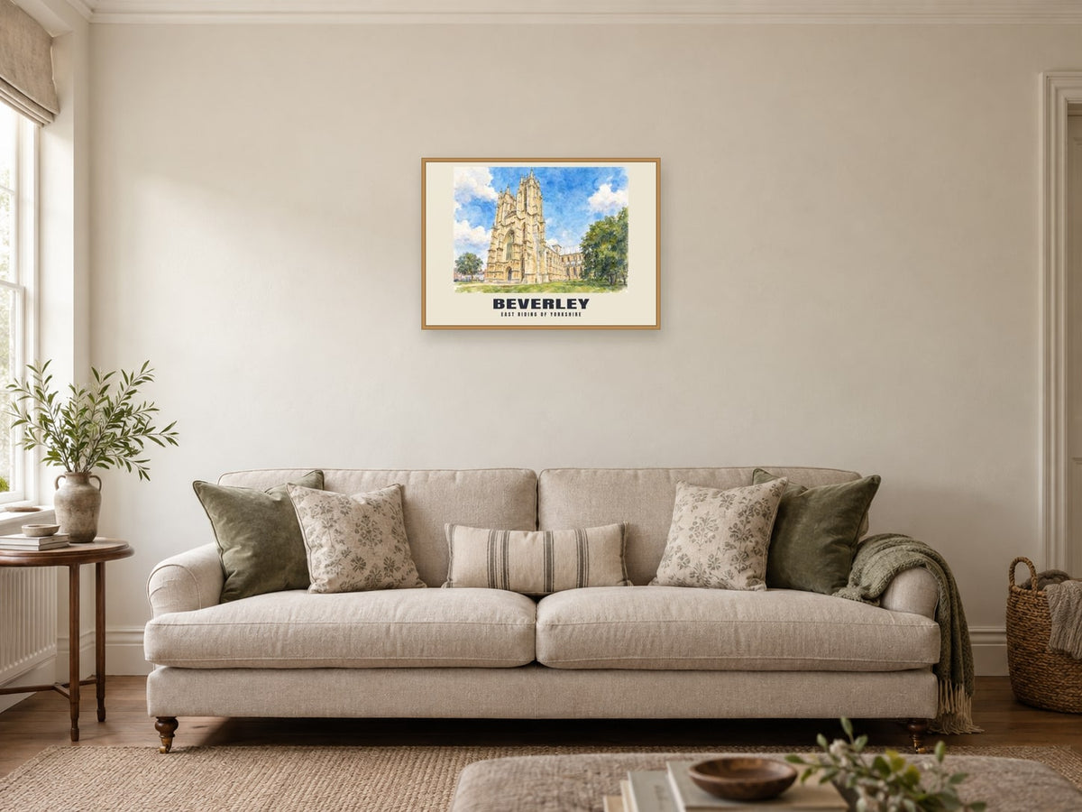Beverley — English Watercolour Art Print at A2, in a natural wood frame, in a sitting room