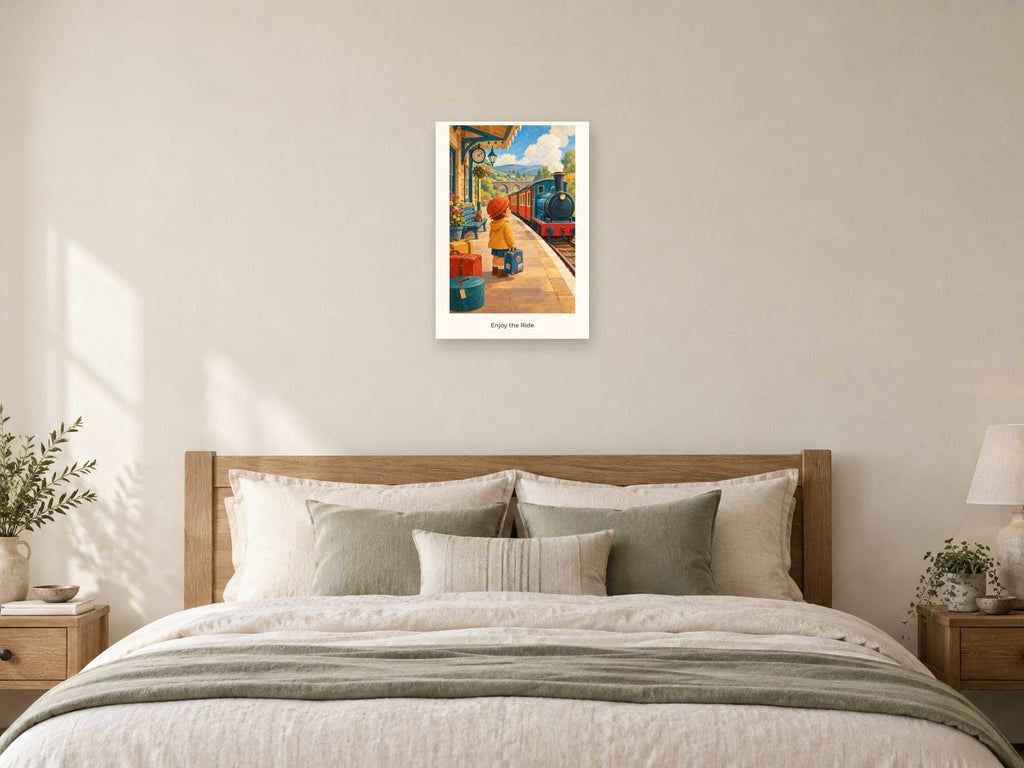 Enjoy the Ride — Railway Days Children’s Art Print at A2, as a poster, above a bed