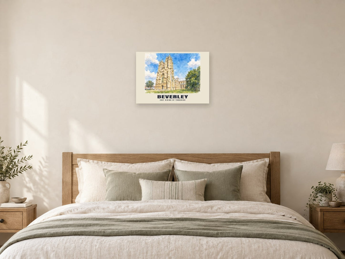 Beverley — English Watercolour Art Print at A2, as a poster, above a bed
