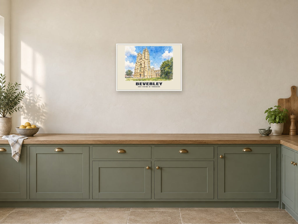 Beverley — English Watercolour Art Print at A2, in a white frame, in a kitchen