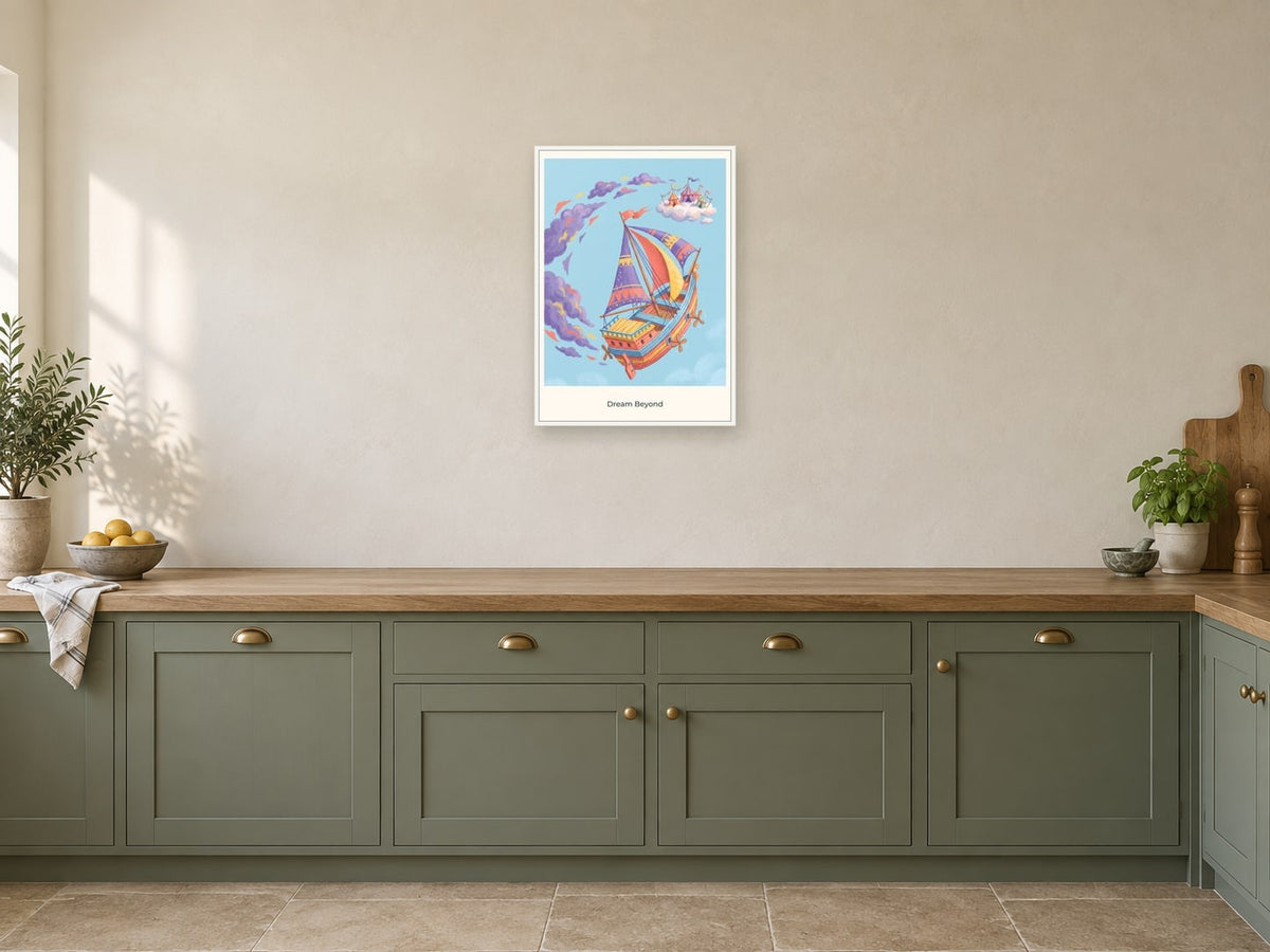 Dream Beyond — Sky Carnival Children’s Art Print at A2, in a white frame, in a kitchen