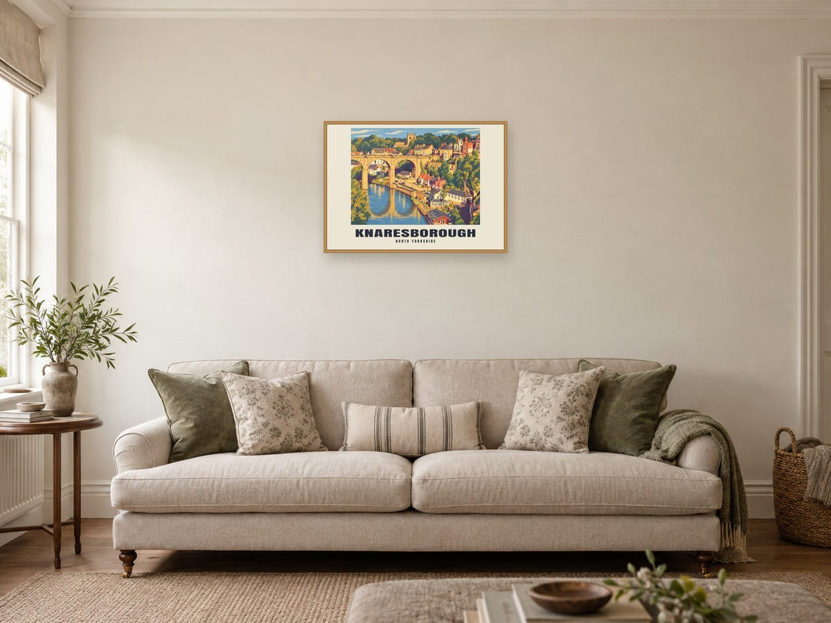 Knaresborough — Retro Railway Art Print at A2, in a natural wood frame, in a sitting room