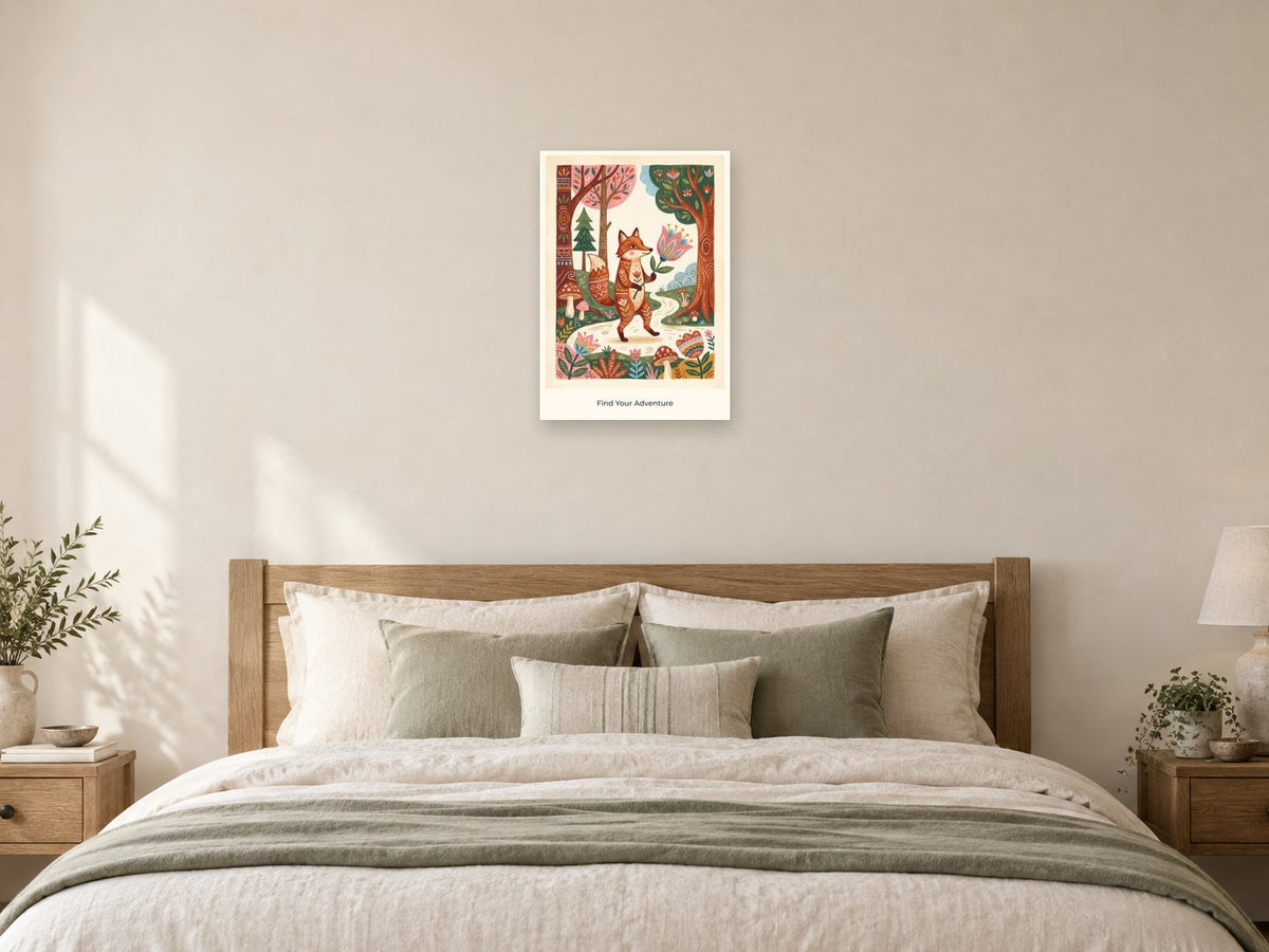 Find Your Adventure — Forest Folk Children’s Art Print at A2, as a poster, above a bed