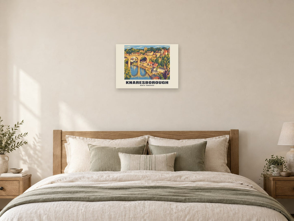 Knaresborough — Retro Railway Art Print at A2, as a poster, above a bed