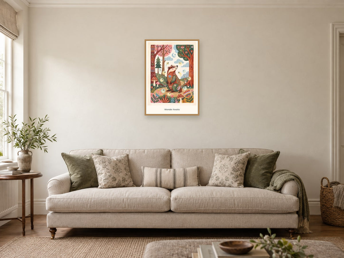 Wonder Awaits — Forest Folk Children’s Art Print at A2, in a natural wood frame, in a sitting room
