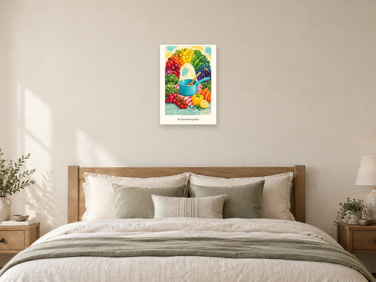 Try Something New — Kitchen Creators Children’s Art Print at A2, as a poster, above a bed