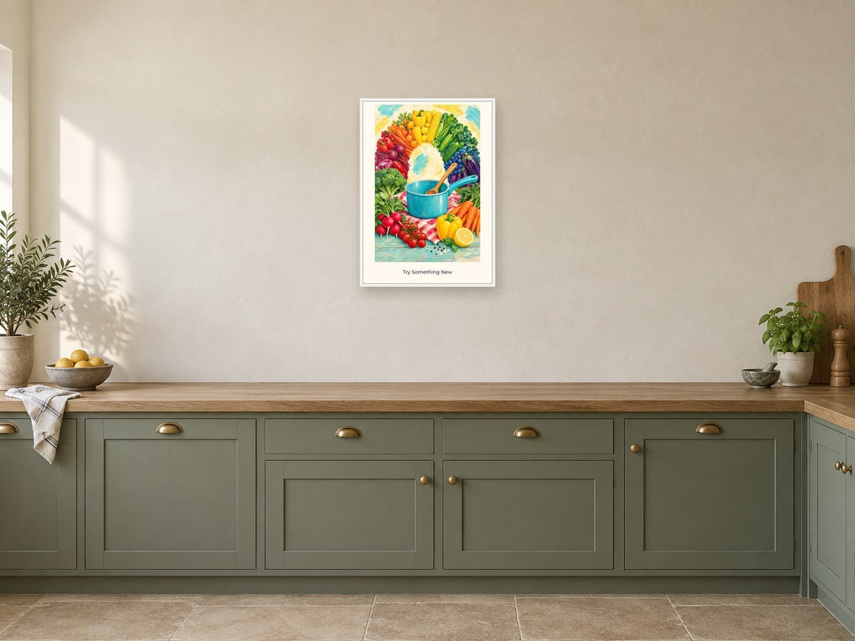 Try Something New — Kitchen Creators Children’s Art Print at A2, in a white frame, in a kitchen