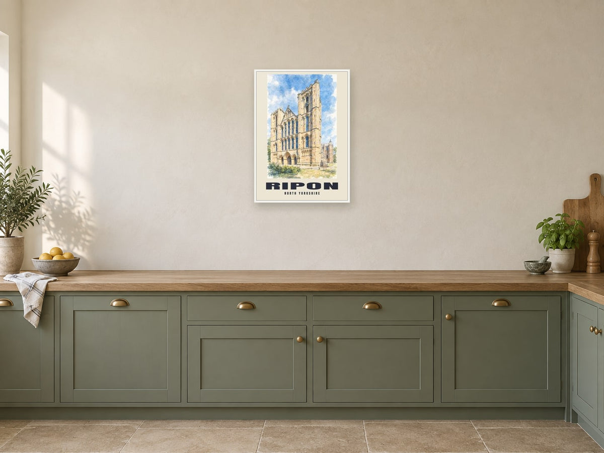 Ripon — English Watercolour Art Print at A2, in a white frame, in a kitchen