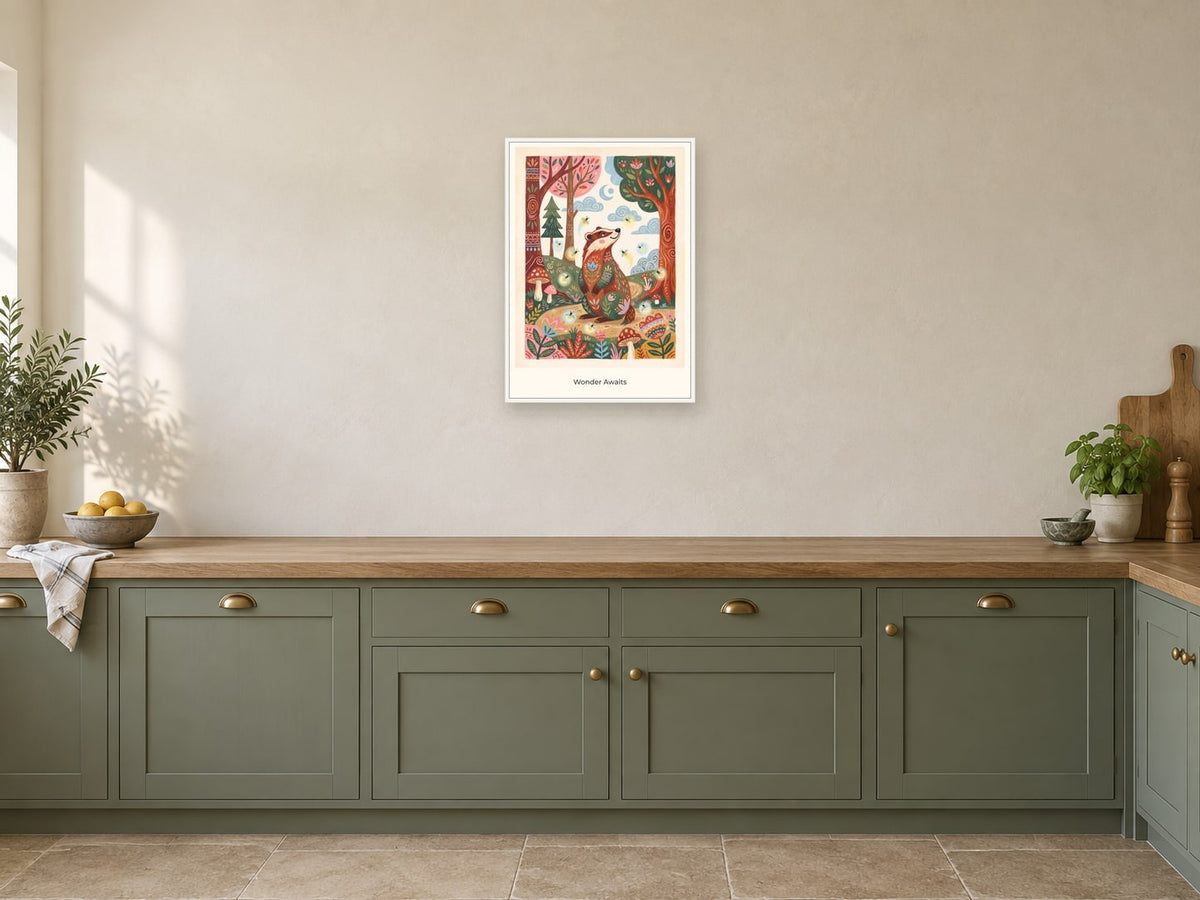 Wonder Awaits — Forest Folk Children’s Art Print at A2, in a white frame, in a kitchen