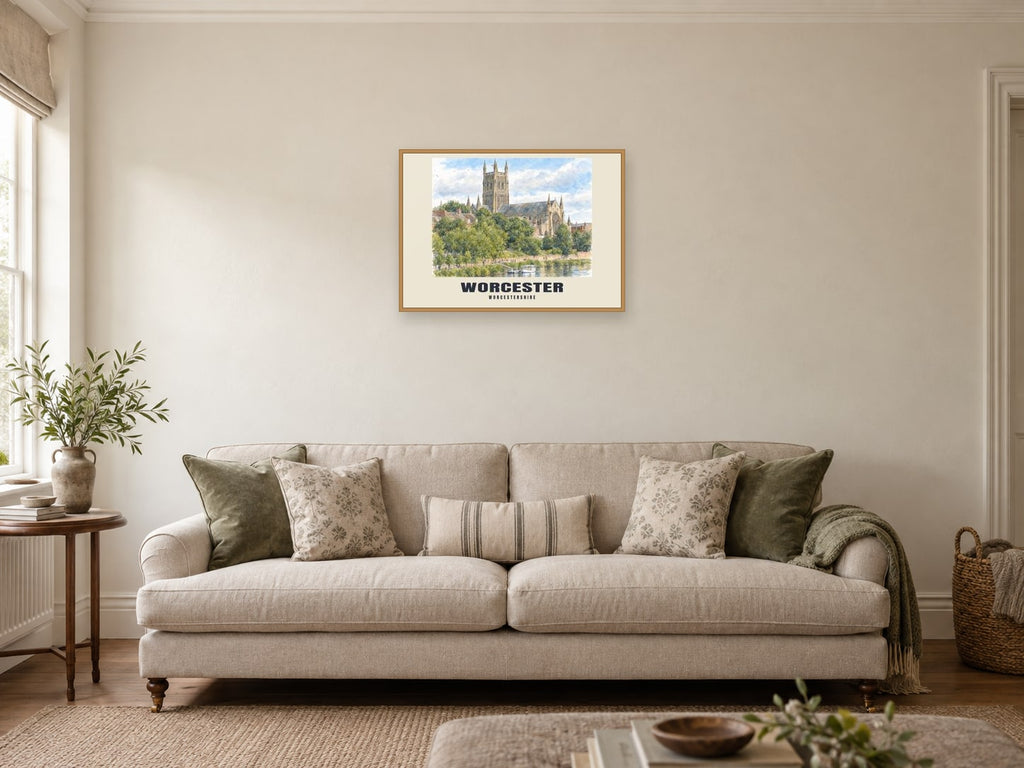 Worcester — English Watercolour Art Print at A2, in a natural wood frame, in a sitting room