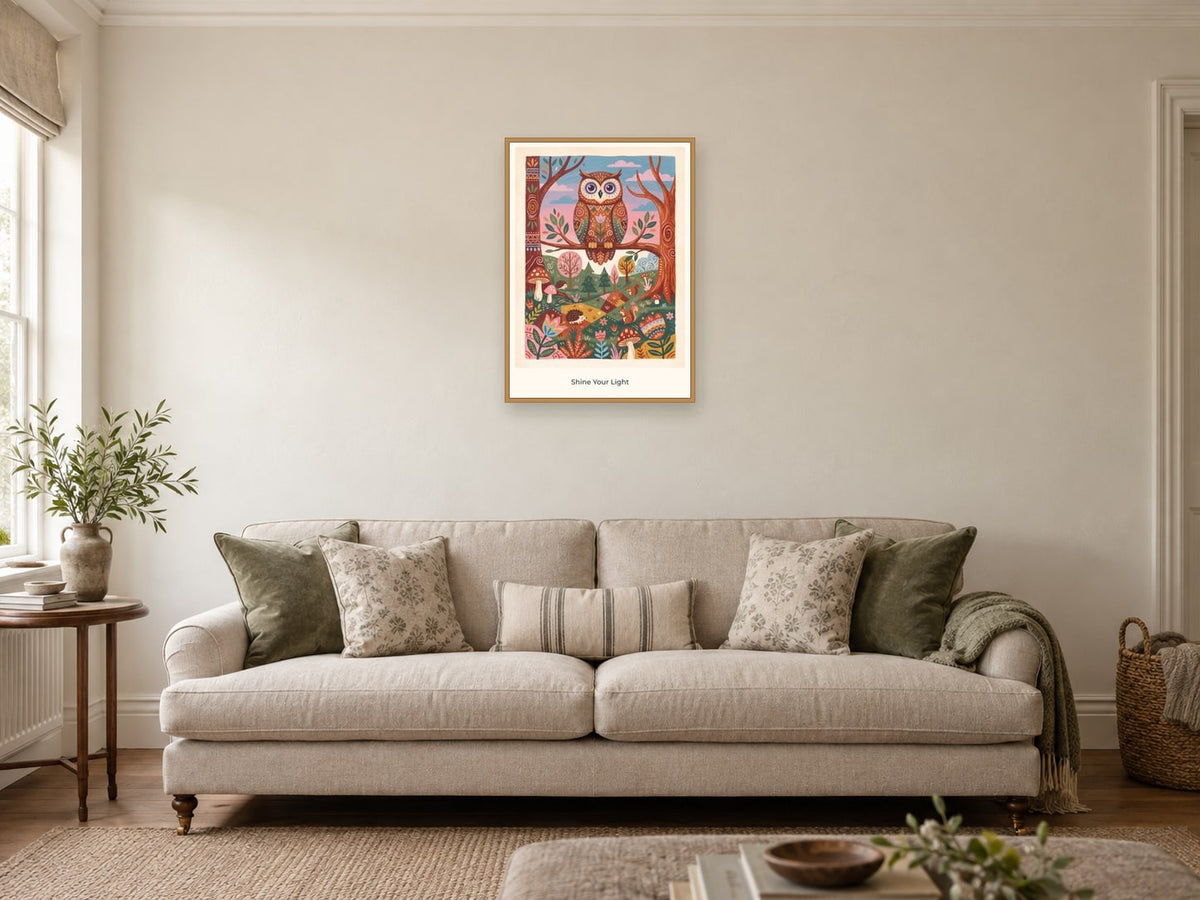 Shine Your Light — Forest Folk Children’s Art Print at A2, in a natural wood frame, in a sitting room