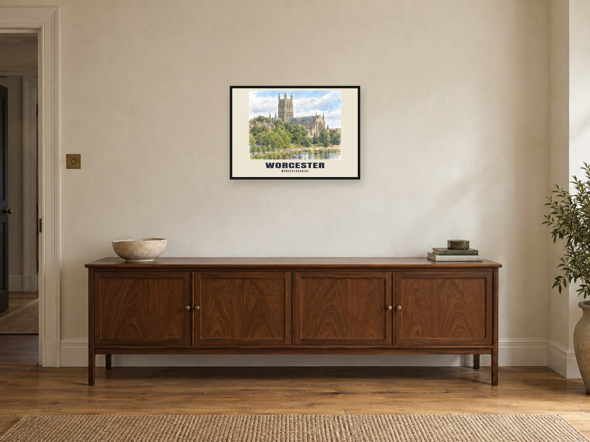 Worcester — English Watercolour Art Print at A2, in a black frame, above a sideboard
