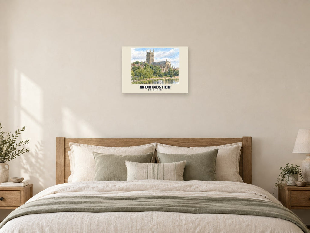 Worcester — English Watercolour Art Print at A2, as a poster, above a bed