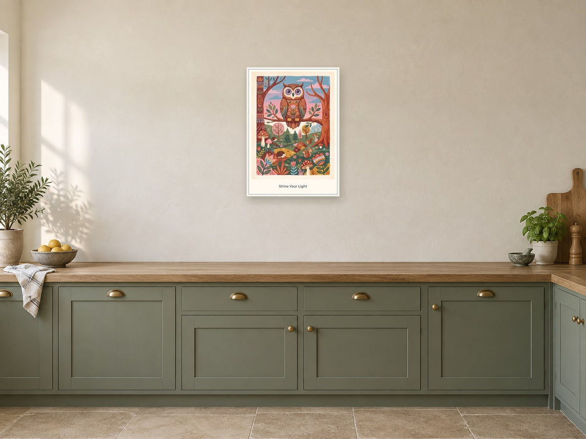 Shine Your Light — Forest Folk Children’s Art Print at A2, in a white frame, in a kitchen