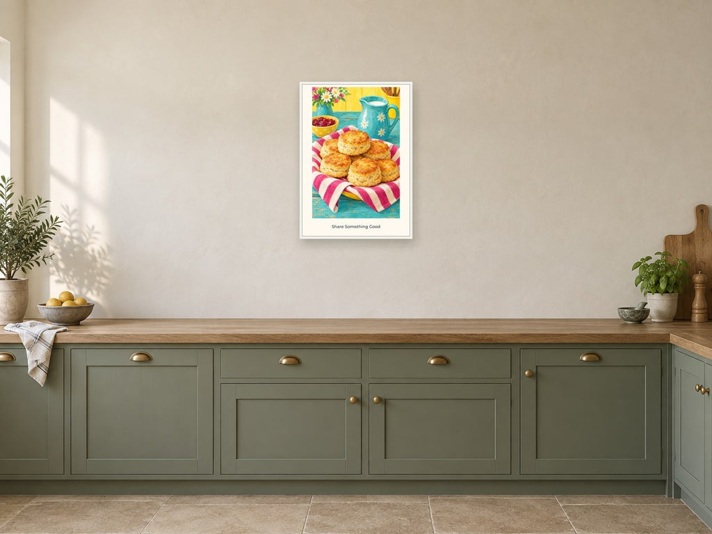 Share Something Good — Kitchen Creators Children’s Art Print at A2, in a white frame, in a kitchen