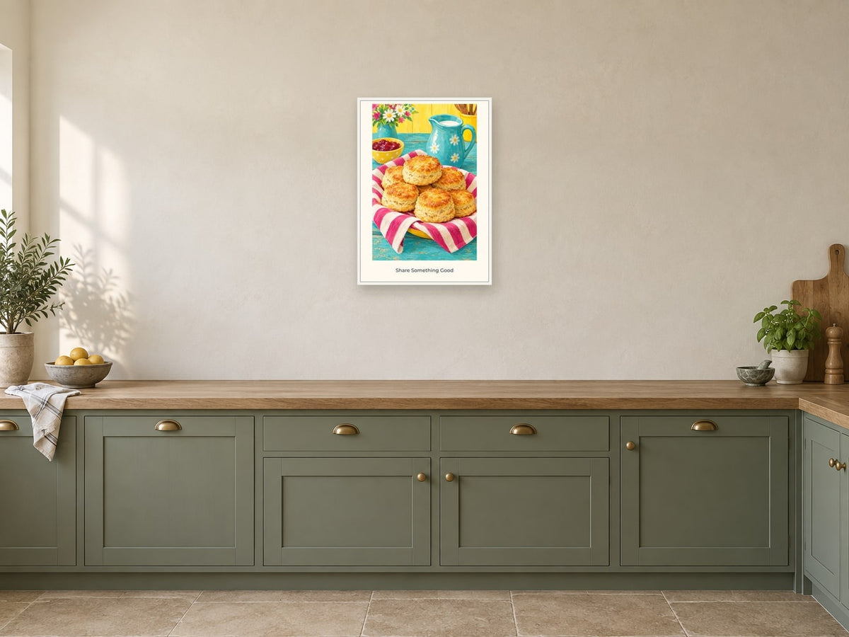 Share Something Good — Kitchen Creators Children’s Art Print at A2, in a white frame, in a kitchen