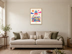 Blast Off — Playful Little Planet Children’s Art Print at A2, in a natural wood frame, in a sitting room