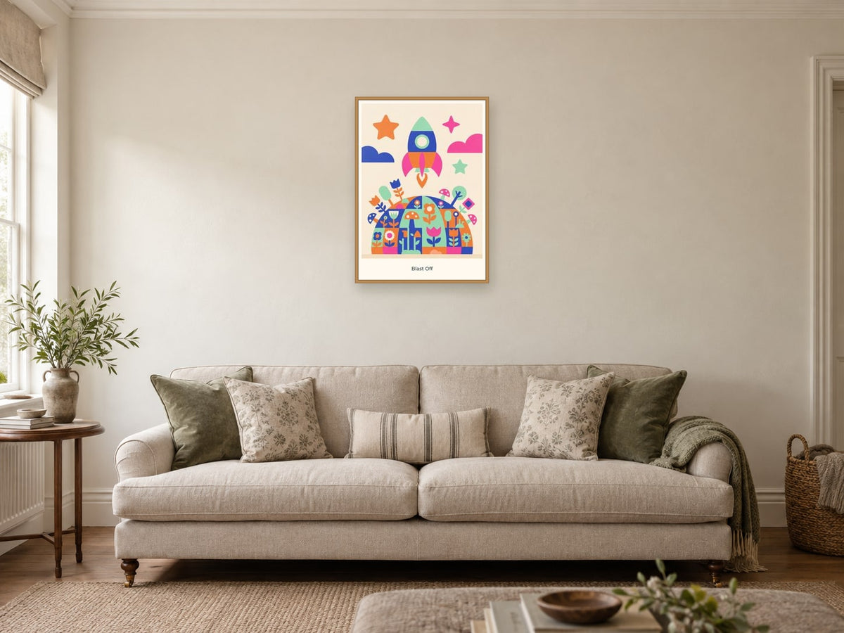 Blast Off — Playful Little Planet Children’s Art Print at A2, in a natural wood frame, in a sitting room