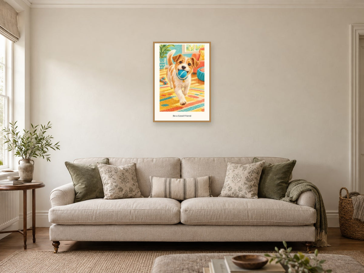 Be a Good Friend — Pet Pals Children’s Art Print at A2, in a natural wood frame, in a sitting room
