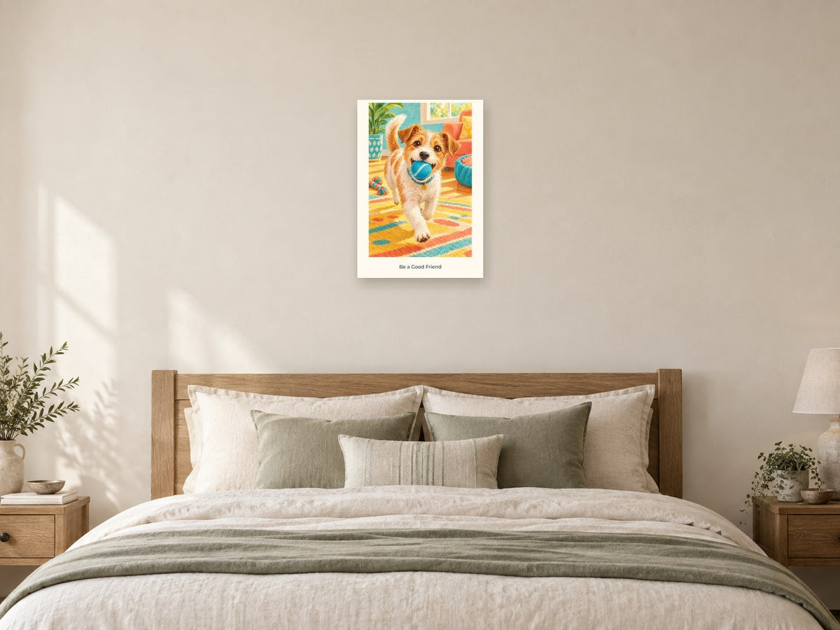 Be a Good Friend — Pet Pals Children’s Art Print at A2, as a poster, above a bed