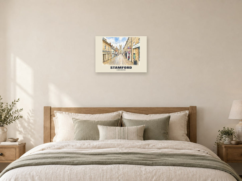 Stamford — English Watercolour Art Print at A2, as a poster, above a bed