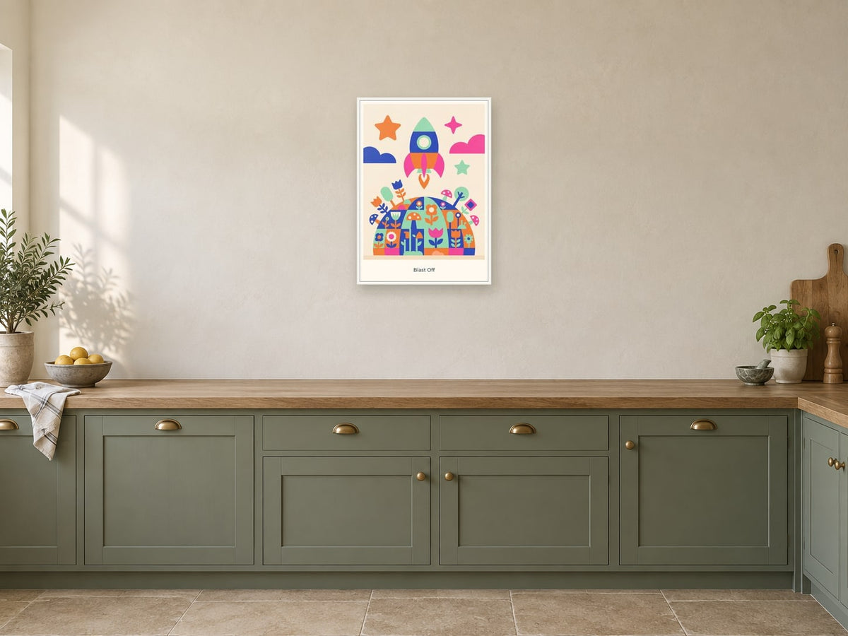 Blast Off — Playful Little Planet Children’s Art Print at A2, in a white frame, in a kitchen
