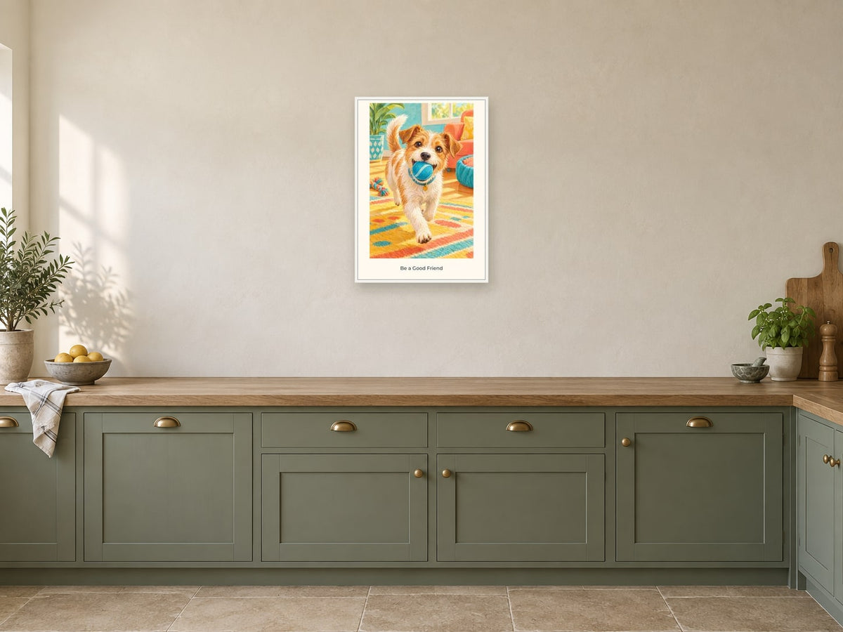 Be a Good Friend — Pet Pals Children’s Art Print at A2, in a white frame, in a kitchen