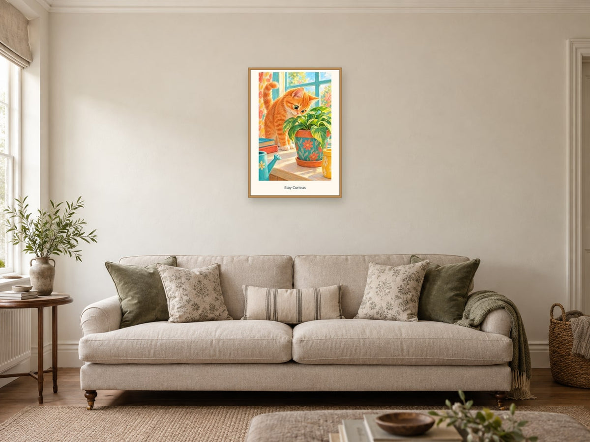 Stay Curious — Pet Pals Children’s Art Print at A2, in a natural wood frame, in a sitting room