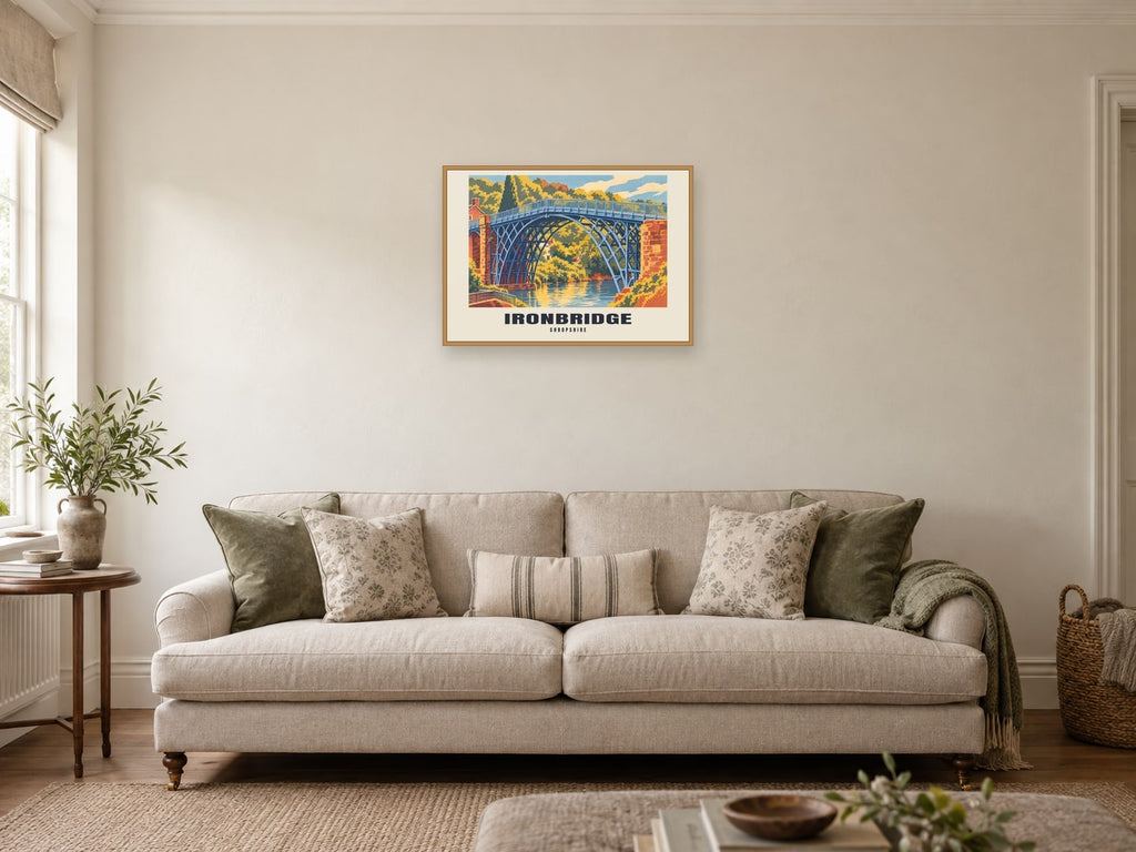 Ironbridge — Retro Railway Art Print at A2, in a natural wood frame, in a sitting room