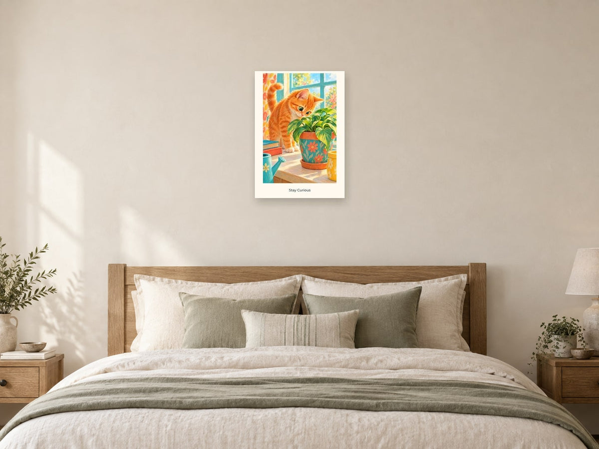 Stay Curious — Pet Pals Children’s Art Print at A2, as a poster, above a bed