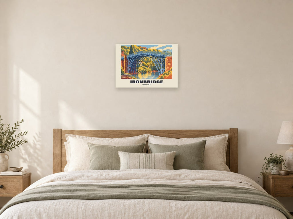 Ironbridge — Retro Railway Art Print at A2, as a poster, above a bed