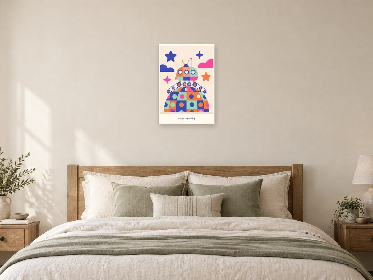 Keep Exploring — Playful Little Planet Children’s Art Print at A2, as a poster, above a bed