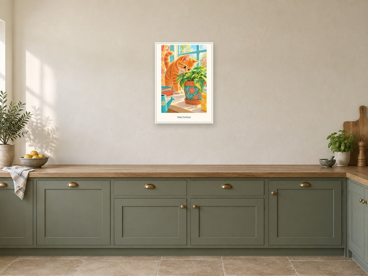 Stay Curious — Pet Pals Children’s Art Print at A2, in a white frame, in a kitchen