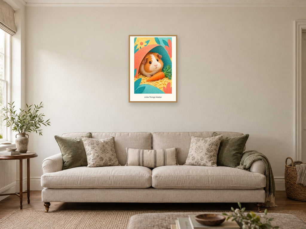 Little Things Matter — Pet Pals Children’s Art Print at A2, in a natural wood frame, in a sitting room