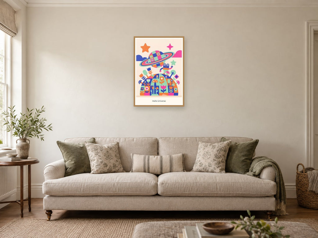 Hello Universe — Playful Little Planet Children’s Art Print at A2, in a natural wood frame, in a sitting room