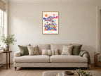 Hello Universe — Playful Little Planet Children’s Art Print at A2, in a natural wood frame, in a sitting room