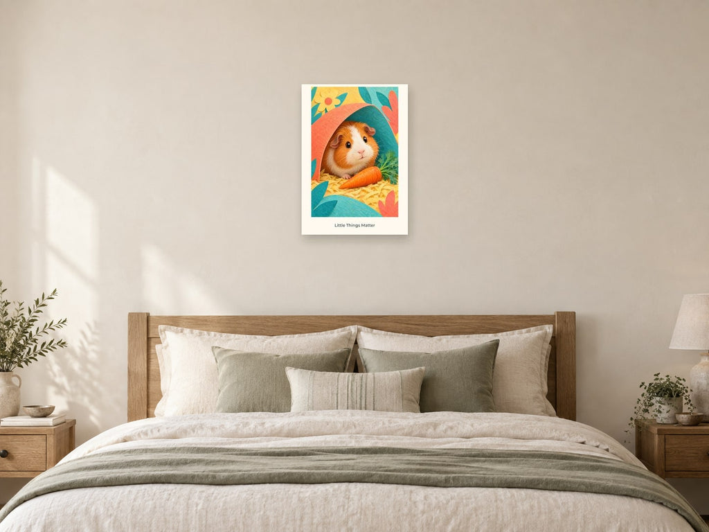 Little Things Matter — Pet Pals Children’s Art Print at A2, as a poster, above a bed