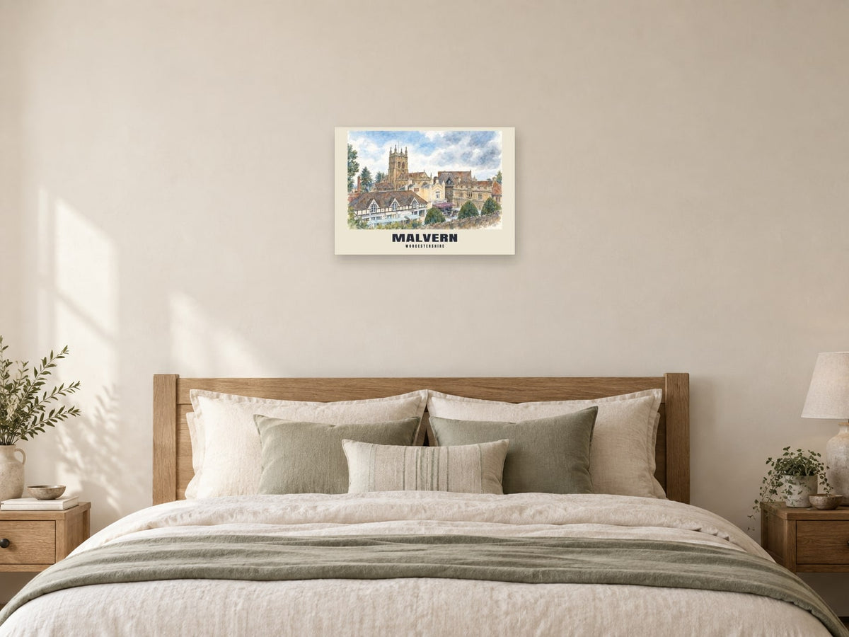 Malvern — English Watercolour Art Print at A2, as a poster, above a bed