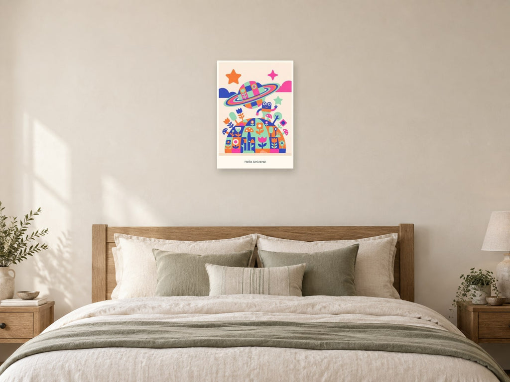 Hello Universe — Playful Little Planet Children’s Art Print at A2, as a poster, above a bed