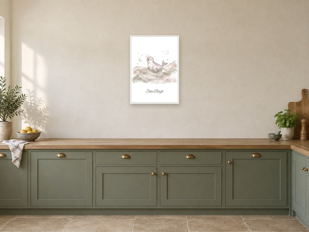 Shine Bright — Ocean Lullabies Nursery Print at A2, in a white frame, in a kitchen