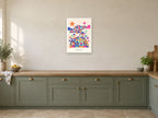 Hello Universe — Playful Little Planet Children’s Art Print at A2, in a white frame, in a kitchen