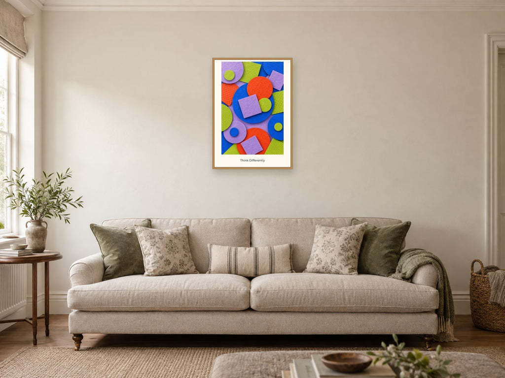 Think Differently — Pattern Play Children’s Art Print at A2, in a natural wood frame, in a sitting room
