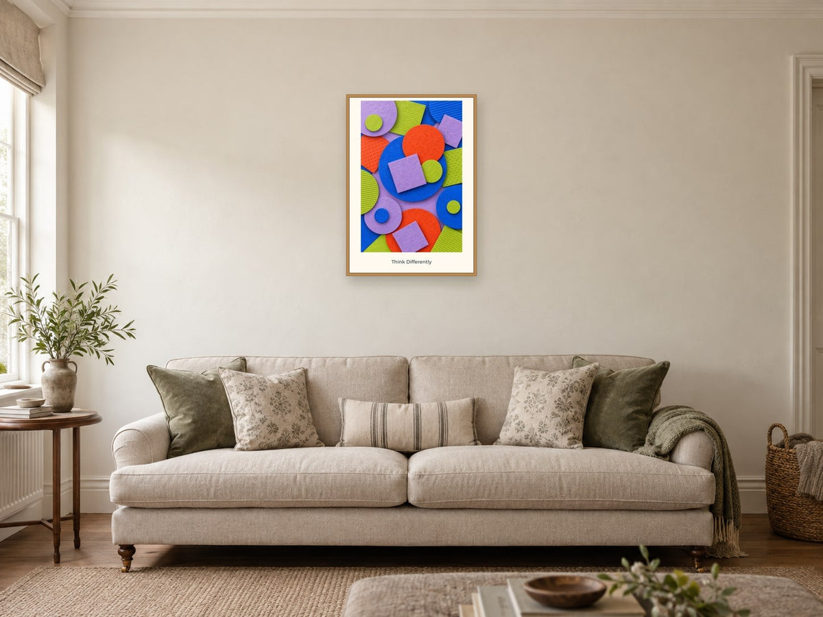 Think Differently — Pattern Play Children’s Art Print at A2, in a natural wood frame, in a sitting room