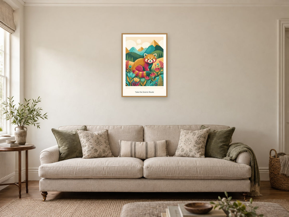 Take the Scenic Route — Mountain Meadow Children’s Art Print at A2, in a natural wood frame, in a sitting room