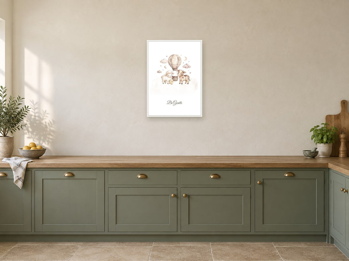 Be Gentle — Farmyard Little Friends Nursery Print at A2, in a white frame, in a kitchen