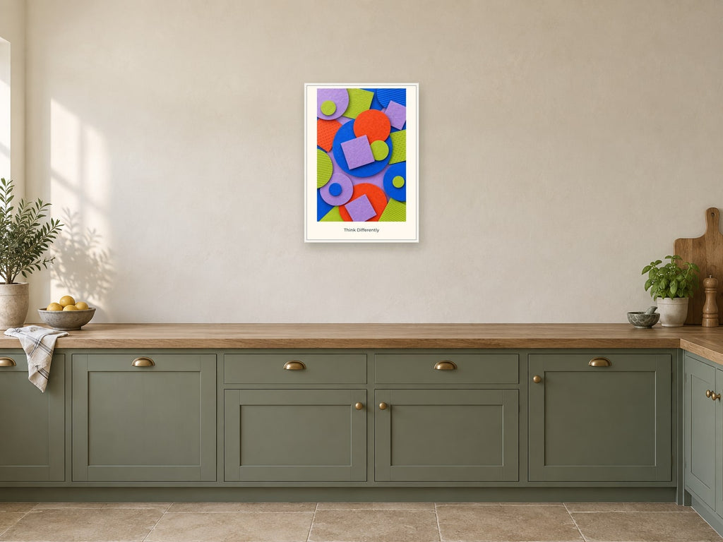 Think Differently — Pattern Play Children’s Art Print at A2, in a white frame, in a kitchen