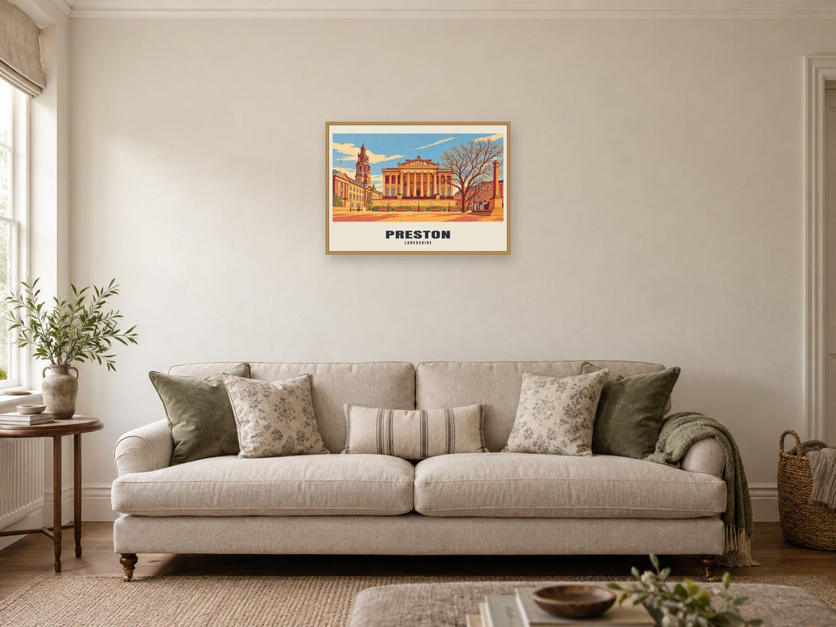 Preston — Retro Railway Art Print at A2, in a natural wood frame, in a sitting room