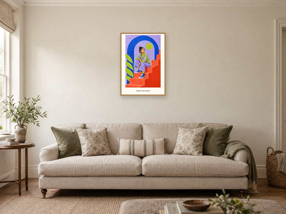 Make Your Mark — Pattern Play Children’s Art Print at A2, in a natural wood frame, in a sitting room