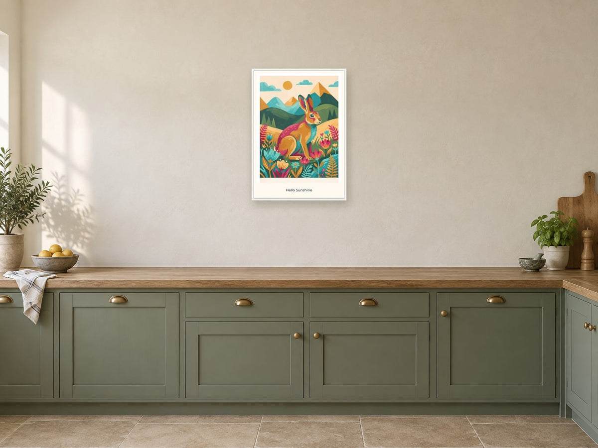 Hello Sunshine — Mountain Meadow Children’s Art Print at A2, in a white frame, in a kitchen