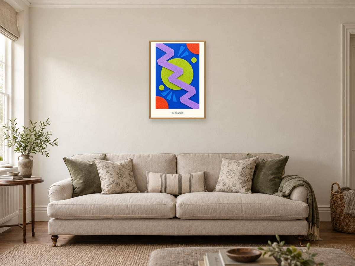 Be Yourself — Pattern Play Children’s Art Print at A2, in a natural wood frame, in a sitting room